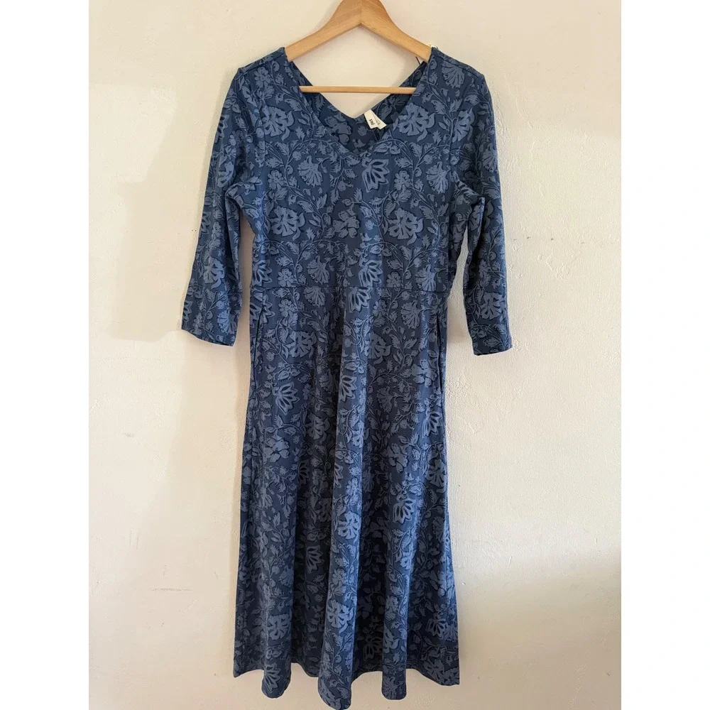 Pact Organic Cotton Blue Floral V-Neck Midi A-Line Dress with Pockets Womens M - Picture 2 of 6